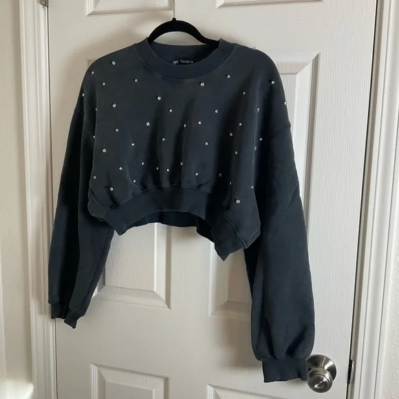 Zara Gray Cropped Jewel Studded Sweatshirt with Rhinestones Size small - Picture 3 of 11